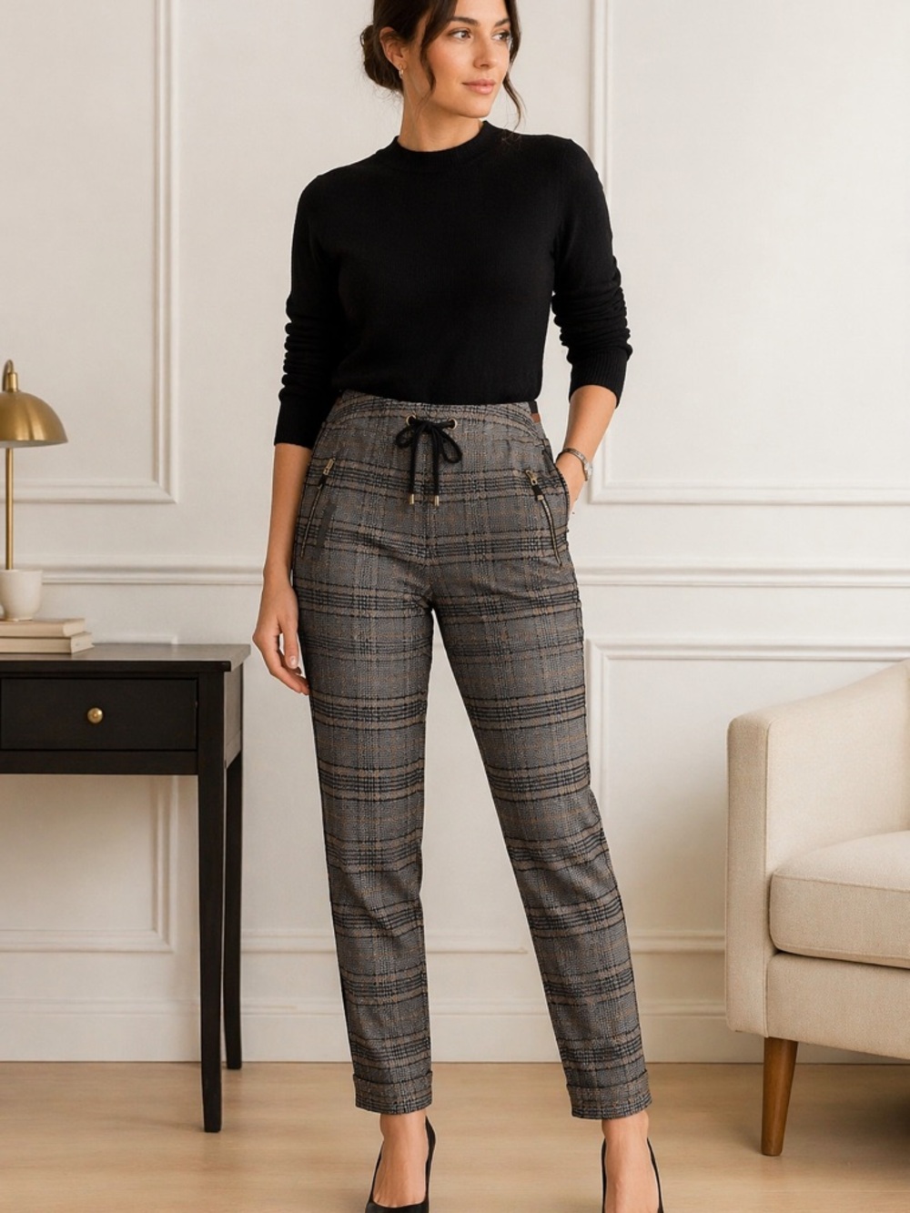 Mos Mosh Plaid Pants Women Tapered Chic Office Business Casual Tailored Preppy